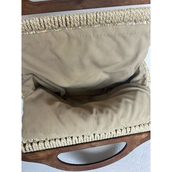 Handmade Ivory/Brown Boho Crochet Knit Macrame Beaded Wooden Handles Bag Purse - Picture 6 of 8